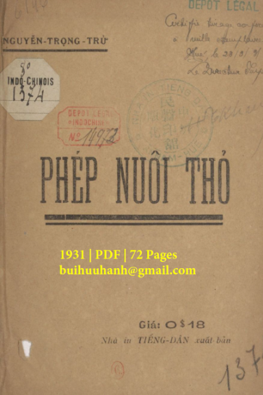 Phép Nuôi Thỏ (NXB Tiếng Dân 1931) - Nguyễn Trọng Trử, 72 Trang