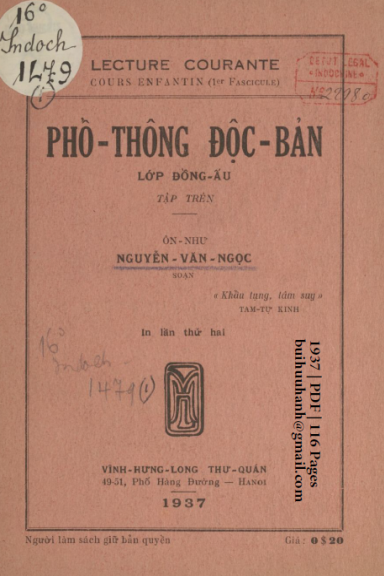 Phổ Thông Độc Bản Lớp Đồng Ấu Tập Trên (NXB Vĩnh Hưng Long 1937) - Nguyễn Văn Ngọc, 116 Trang