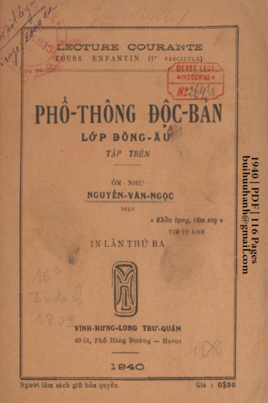 Phổ Thông Độc Bản Lớp Đồng Ấu Tập Trên (NXB Vĩnh Hưng Long 1940) - Nguyễn Văn Ngọc, 116 Trang