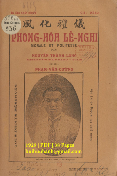 Phong Hóa Lễ Nghi (NXB Bảo Tồn 1929) - Nguyễn Thành Long, 38 Trang