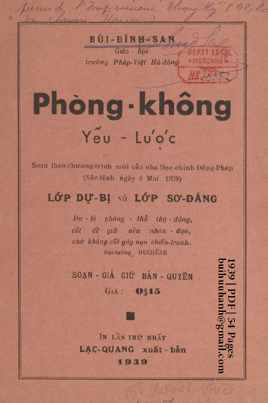 Phòng Không Yếu Lược Lớp Dự Bị Và Lớp Sơ Đẳng (NXB Lạc Quang 1939) - Bùi Đình San, 54 Trang