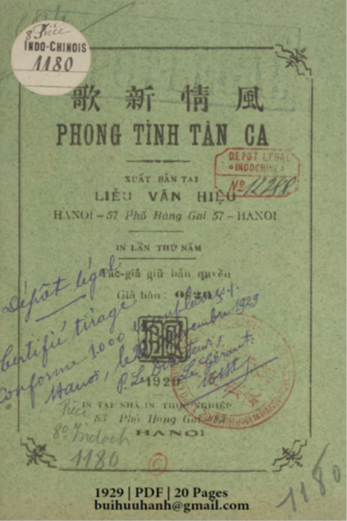 Phong Tình Tân Ca (NXB Liễu Văn 1929) - Nhiều Tác Giả, 20 Trang