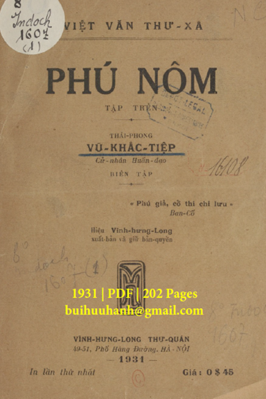 Phú Nôm Tập 1 (NXB Vĩnh Hưng Long 1931) - Vũ Khắc Tiệp, 202 Trang