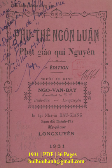 Phu Thê Ngôn Luận Phật Giáo Qui Nguyên (NXB Hậu Giang 1931) - Ngô Văn Bảy, 36 Trang