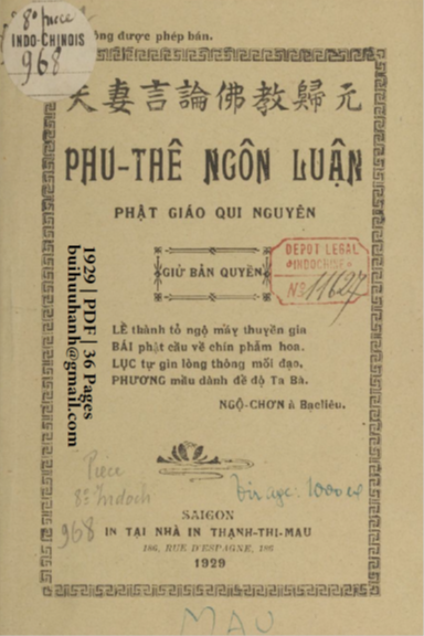 Phu Thê Ngôn Luận Phật Giáo Qui Nguyên (NXB Thạnh Thị Mậu 1929) - Ngộ Chơn, 36 Trang