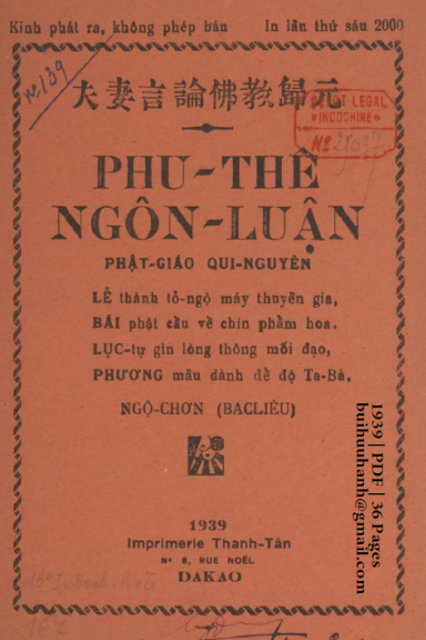 Phu Thê Ngôn Luận Phật Giáo Qui Nguyên (NXB Thanh Tân 1939) - Ngộ Chơn, 36 Trang
