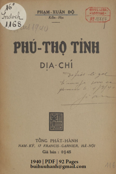 Phú Thọ Tỉnh Địa Chí (NXB Nam Ký 1940) - Phạm Xuân Độ, 92 Trang