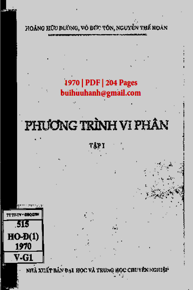 Phương Trình Vi Phân Tập 1 (NXB Đại Học 1970) - Hoàng Hữu Đường, 204 Trang