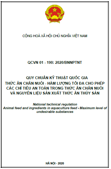 QCVN 01-190-2020-BNNPTNT - Thức Ăn Chăn Nuôi - Hàm Lượng Tối Đa Cho Phép Các Chỉ Tiêu An Toàn