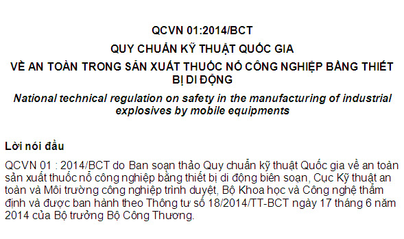 QCVN 01-2014-BCT - Quy Chuẩn Kỹ Thuật Quốc Gia Về An Toàn Trong Sản Xuất Thuốc Nổ Công Nghiệp