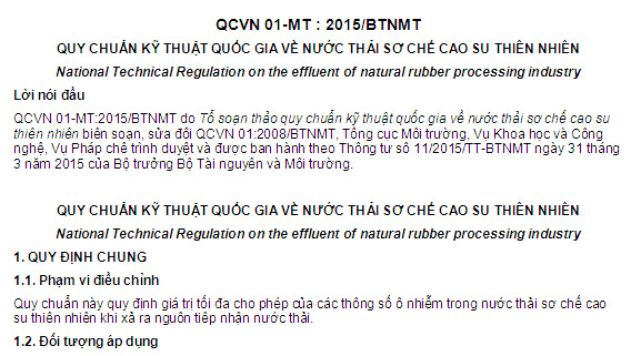 QCVN 01-MT-2015-BTNMT - Quy Chuẩn Kỹ Thuật Quốc Gia Về Nước Thải Cơ Sở Cao Su Thiên Nhiên
