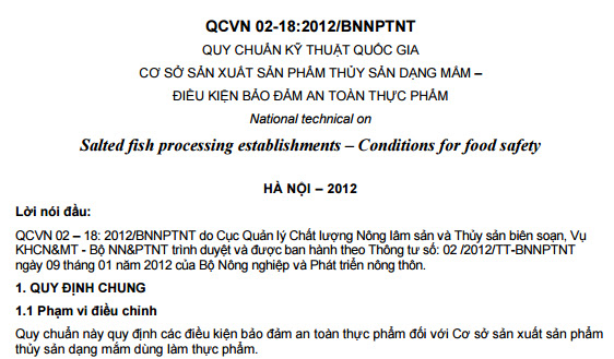 QCVN 02-18-2012-BNNPTNT - Quy Chuẩn Kỹ Thuật Quốc Gia Cơ Sở Sản Xuất Sản Phẩm Thủy Sản Dạng Mắm