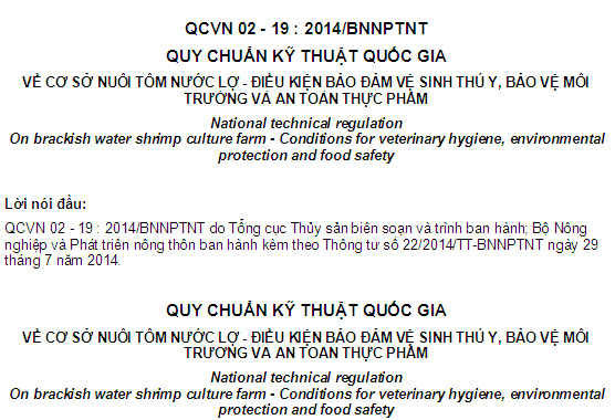 QCVN 02-19-2014-BNNPTNT - Quy Chuẩn Kỹ Thuật Quốc Gia Về Cơ Sở Nuôi Tôm Nước Lợ
