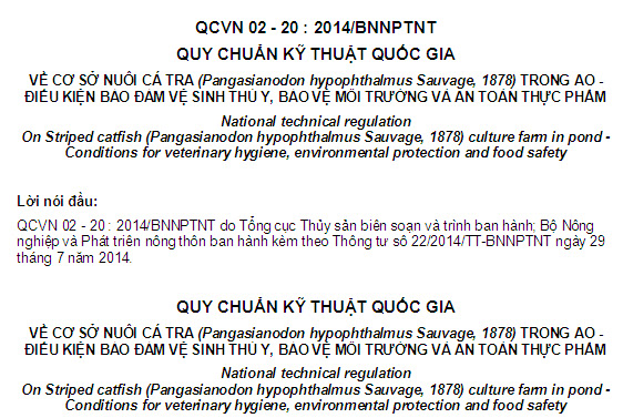 QCVN 02-20-2014-BNNPTNT - Quy Chuẩn Kỹ Thuật Quốc Gia Về Cơ Sở Nuôi Cá Tra Trong Ao