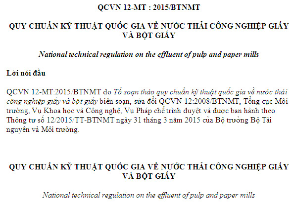 QCVN 12-MT-2015-BTNMT - Quy Chuẩn Kỹ Thuật Quốc Gia Về Nước Thải Công Nghiệp Giấy Và Bột Giấy