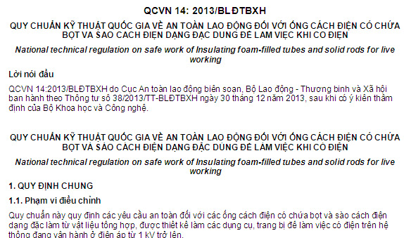 QCVN 14-2013-BLĐTBXH - Quy Chuẩn Kỹ Thuật Quốc Gia Về An Toàn Lao Động Đối Với Ống Cách Điện