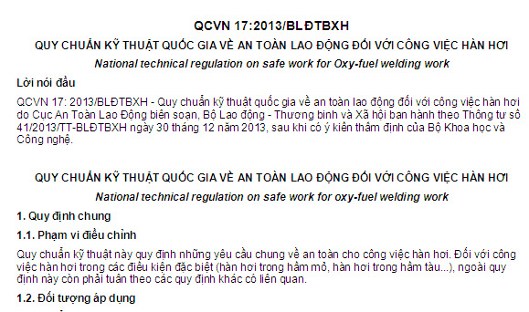 QCVN 17-2013-BLĐTBXH - Quy Chuẩn Kỹ Thuật Quốc Gia Về An Toàn Lao Động Đối Với Công Việc Hàn Hơi