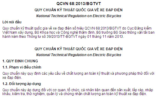 QCVN 68-2013-BGTVT - Quy Chuẩn Kỹ Thuật Quốc Gia Về Xe Đạp Điện