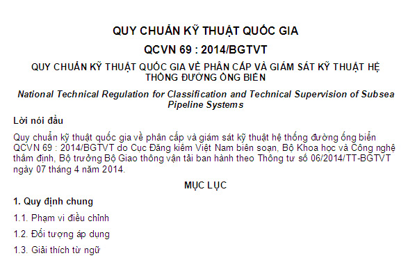 QCVN 69-2014-BGTVT - Quy Chuẩn Kỹ Thuật Quốc Gia Về Phân Cấp Và Giám Sát Kỹ Thuật Hệ Thống Đường Ống