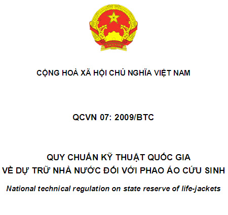 QCVN 7-2009-BTC - Quy Chuẩn Kỹ Thuật Quốc Gia Về Dự Trữ Nhà Nước Đối Với Phao Áo Cứu Sinh