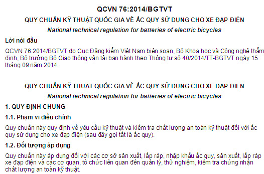 QCVN 76-2014-BGTVT - Quy Chuẩn Kỹ Thuật Quốc Gia Về Ắc Quy Sử Dụng Cho Xe Đạp Điện