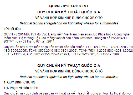 QCVN 78-2014-BGTVT - Quy Chuẩn Kỹ Thuật Quốc Gia Về Vành Hợp Kim Nhẹ Dùng Cho Xe Ô Tô