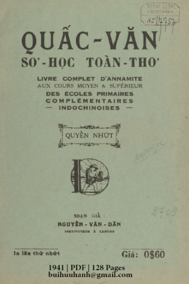 Quấc Văn Sở Học Toàn Thơ Quyển 1 (NXB Lý Công Quận 1941) - Nguyễn Văn Dần, 128 Trang