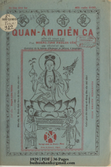 Quan Âm Diễn Ca (NXB Xưa Nay 1929) - Hoàng Tịnh Của, 36 Trang