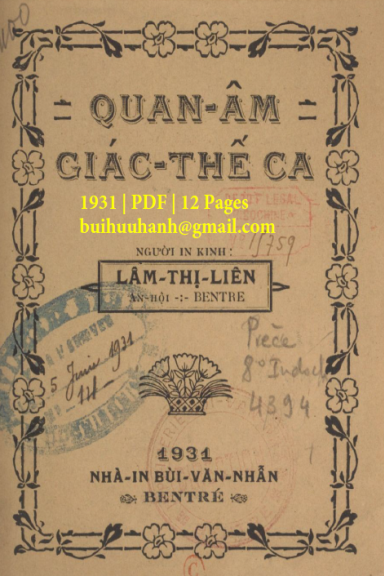 Quan Âm Giác Thế Ca (NXB Bùi Văn Nhẩn 1931) - Lâm Thị Liên, 12 Trang