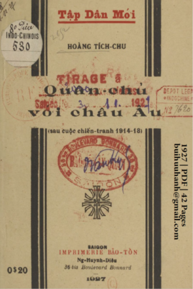 Quân Chủ Với Châu Âu (NXB Bảo Tồn 1927) - Hoàng Tích Chu, 42 Trang