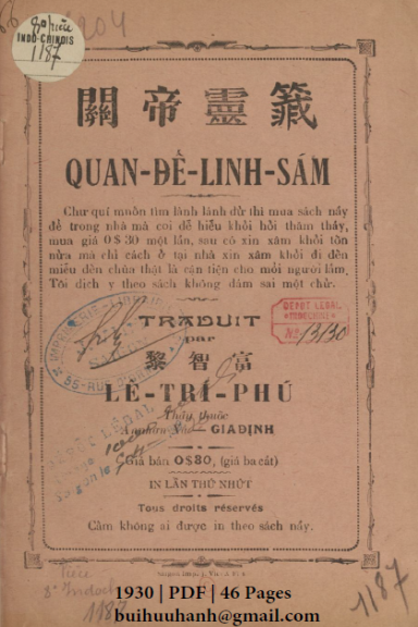 Quan Đế Linh Sám (NXB Nguyễn Văn Viết 1930) - Lê Trí Phú, 46 Trang
