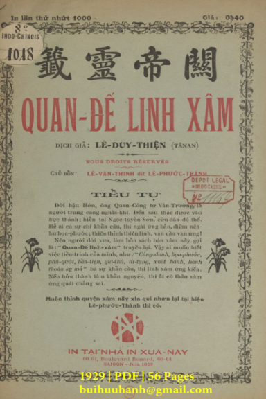 Quan Đế Linh Xâm (NXB Xưa Nay 1929) - Lê Duy Thiện, 56 Trang