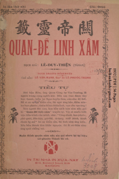 Quan Đế Linh Xâm (NXB Xưa Nay 1932) - Lê Duy Thiện, 56 Trang