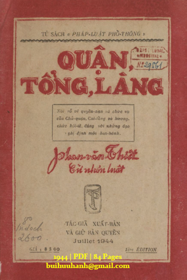 Quận, Tổng, Làng (NXB Thạnh Mậu 1944) - Phan Văn Thiết, 84 Trang