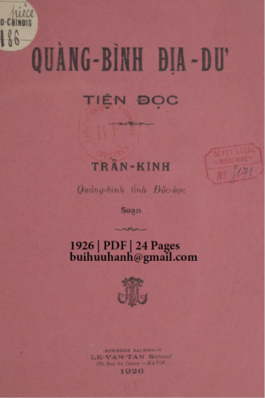 Quảng Bình Địa Dư Tiện Đọc (NXB Lê Văn Tân 1926) - Trần Kinh, 24 Trang