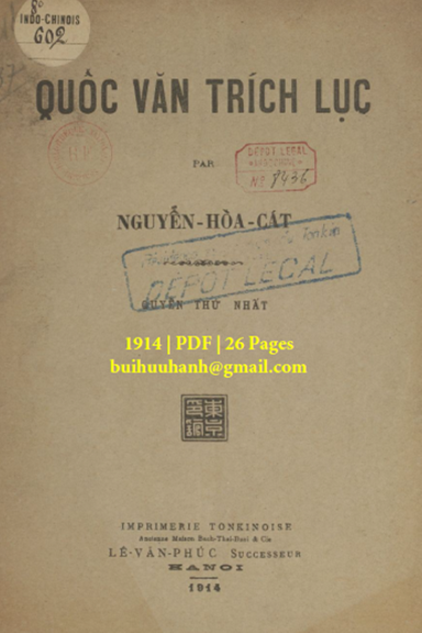 Quốc Văn Trích Lục Quyến 1 (NXB Lê Văn Phúc 1914) - Nguyễn Hòa Cát, 26 Trang