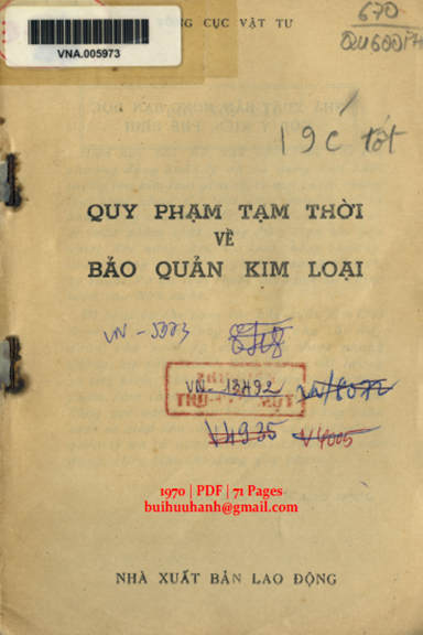 Quy Phạm Tạm Thời Về Bảo Quản Kim Loại (NXB Lao Động 1970) - Nguyễn Đức Tâm, 71 Trang