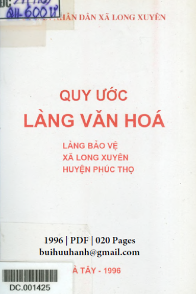 Quy Ước Làng Văn Hóa-Làng Bảo Vệ (NXB Hà Tây 1996) - Đặng Văn Đỏ, 20 Trang