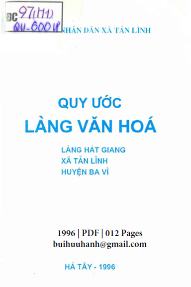 Quy Ước Làng Văn Hóa-Làng Hát Giang (NXB Hà Tây 1996) - Đỗ Tất Thắng, 12 Trang