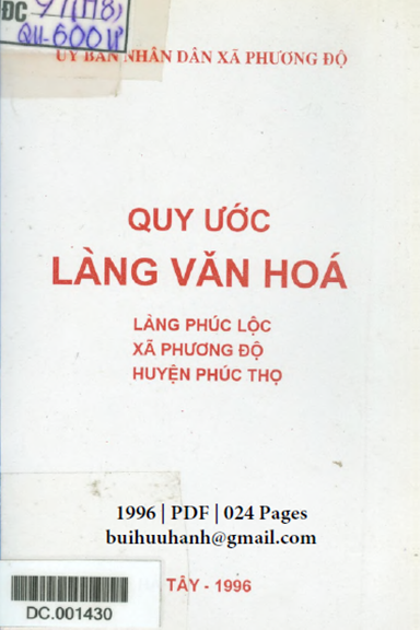 Quy Ước Làng Văn Hóa-Làng Phúc Lộc (NXB Hà Tây 1996) - Nguyễn Văn Tý, 24 Trang