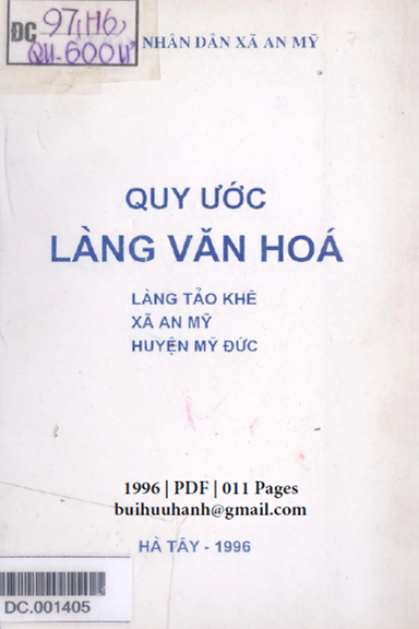 Quy Ước Làng Văn Hóa-Làng Tảo Khê (NXB Hà Tây 1996) - Lê Xuân Phong, 11 Trang