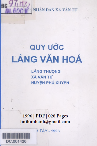 Quy Ước Làng Văn Hóa-Làng Thượng (NXB Hà Tây 1996) - Nguyễn Văn Bằng, 28 Trang