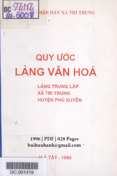 Quy Ước Làng Văn Hóa-Làng Trung Lập (NXB Hà Tây 1996) - Nghiêm Đức Cường, 28 Trang
