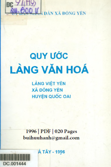 Quy Ước Làng Văn Hóa-Làng Việt Yên (NXB Hà Tây 1996) - Lê Đình Bình, 20 Trang