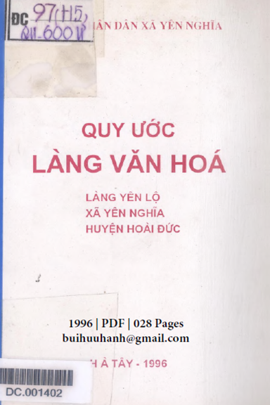 Quy Ước Làng Văn Hóa-Làng Yên Lộ (NXB Hà Tây 1996) - Nguyễn Bá Mịnh, 28 Trang
