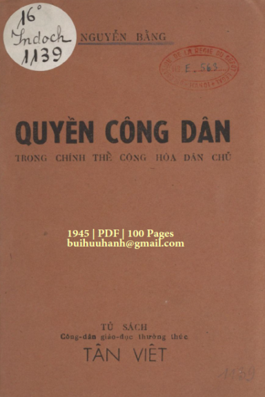 Quyền Công Dân Trong Chính Thể Cộng Hòa Dân Chủ (NXB Tân Việt 1945) - Nguyễn Bằng, 100 Trang