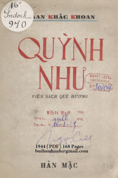 Quỳnh Như (NXB Hàn Mặc 1944) - Phan Khắc Khoan, 168 Trang