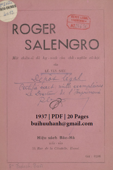 Roger Salengro-Một Chiến Sĩ Đã Hy Sinh Cho Chủ Nghĩa Xã Hội (NXB Bắc Hà 1937)- Lê Văn Siêu, 20 Trang