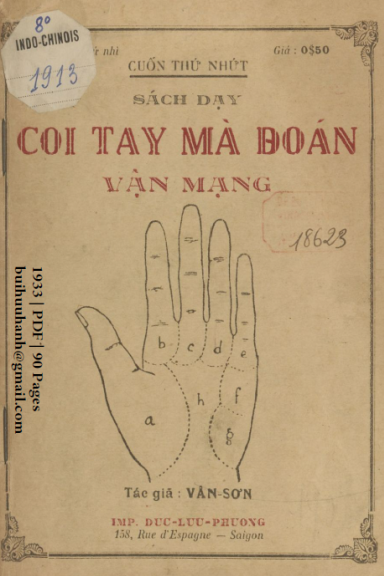 Sách Dạy Coi Tay Mà Đoán Vận Mạng Cuốn 1 (NXB Đức Lưu Phương 1933) - Vân Sơn, 90 Trang