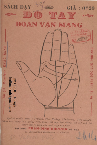 Sách Dạy Đo Tay Đoán Vận Mạng (NXB Đức Lưu Phương 1933) - Khắc Sanh, 16 Trang